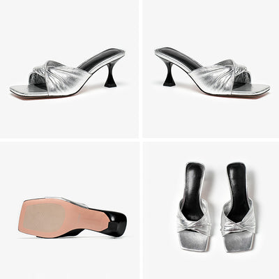 BeauToday Genuine Sheepskin Elegant Heeled Slides Square Toe Pump Sandals for Women