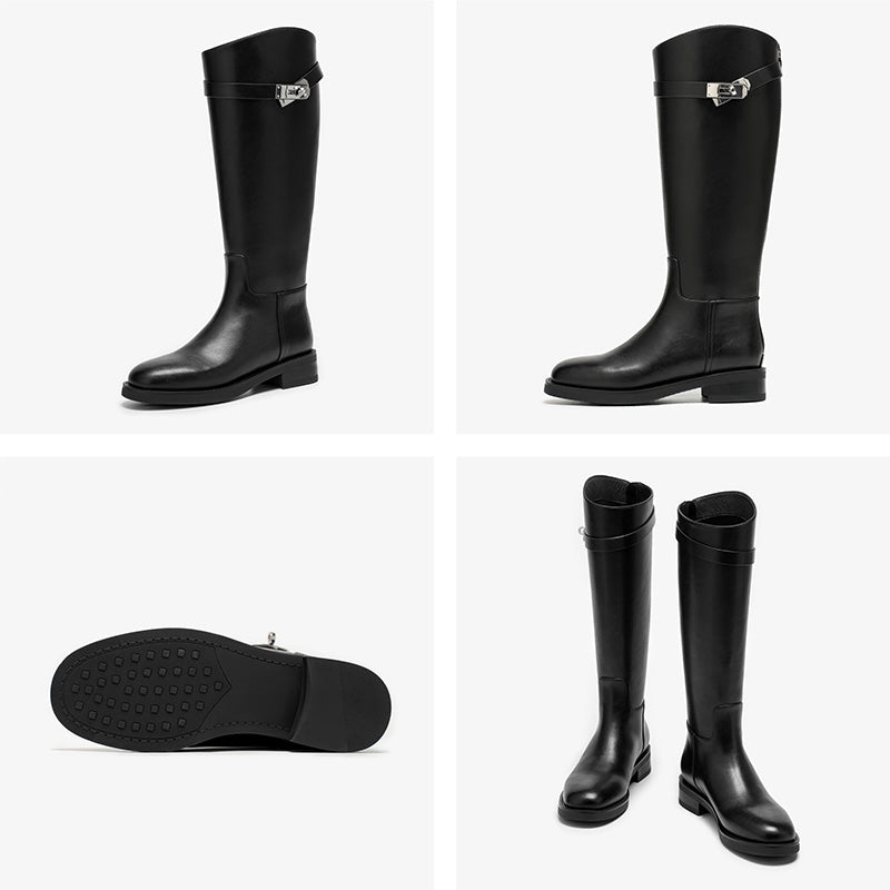 BeauToday Women's Cow Leather Knee High Boots with Side Buckle Design