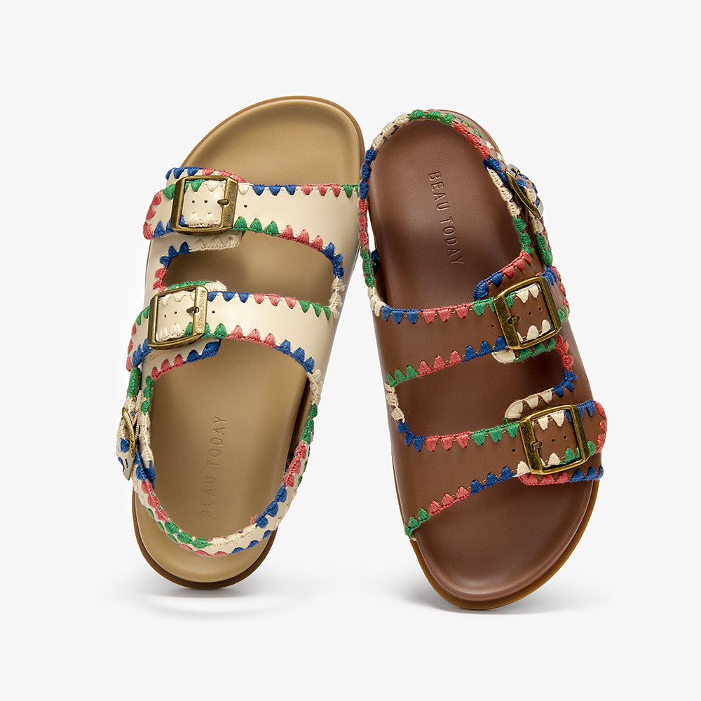 Beau Today Women's Leather Sandals with Handmade Embroidered Crochet sandals