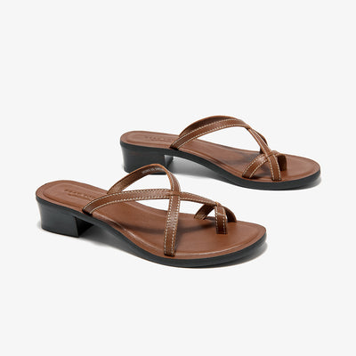 BeauToday Cow Leather Flip-flops Slides with Block Low Heel for Women