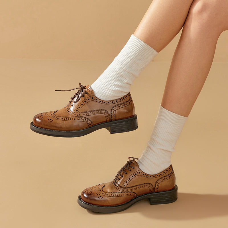 BEAU TODAY Casual Business Oxford Shoes Leather Wingtip Brogue Oxfords for Women