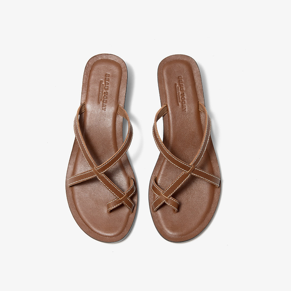 BeauToday Cow Leather Flip-flops Slides with Block Low Heel for Women