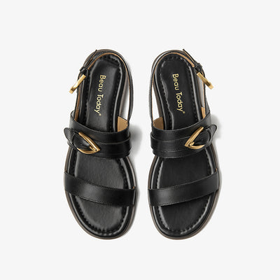 BeauToday Casual Buckle Leather Flat Sandals with Roud Design for Women