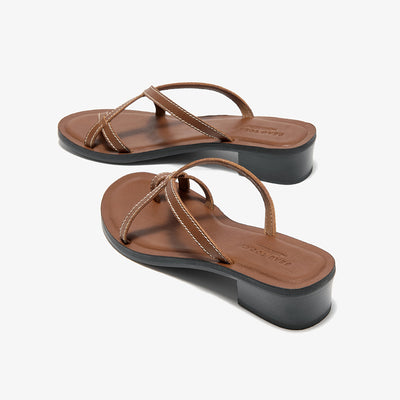 BeauToday Cow Leather Flip-flops Slides with Block Low Heel for Women