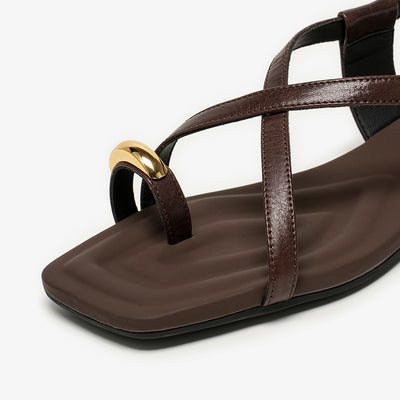 BeauToday Metallic Toe Strap Leather Sandals with Designed Square Toe for Women