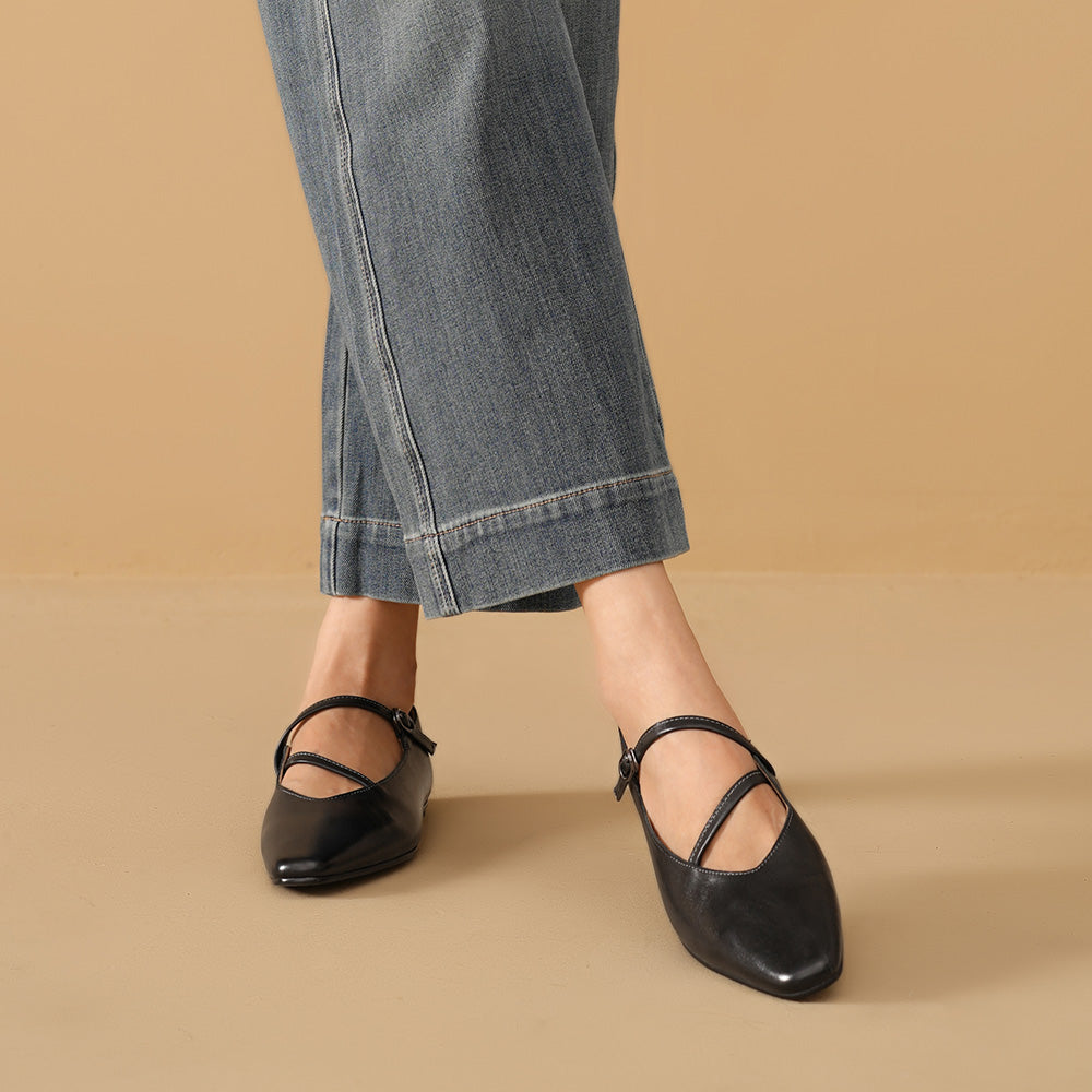 BeauToday Horsehide Pointed Toe Mary Janes Flats with Strappy Design for Women
