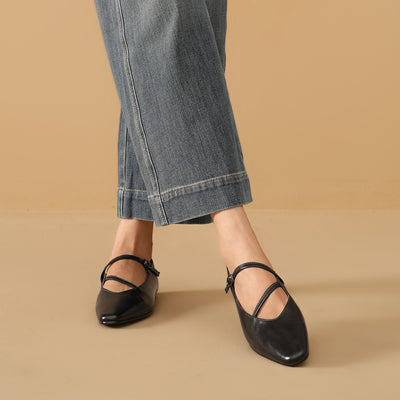 BeauToday Horsehide Pointed Toe Mary Janes Flats with Strappy Design for Women