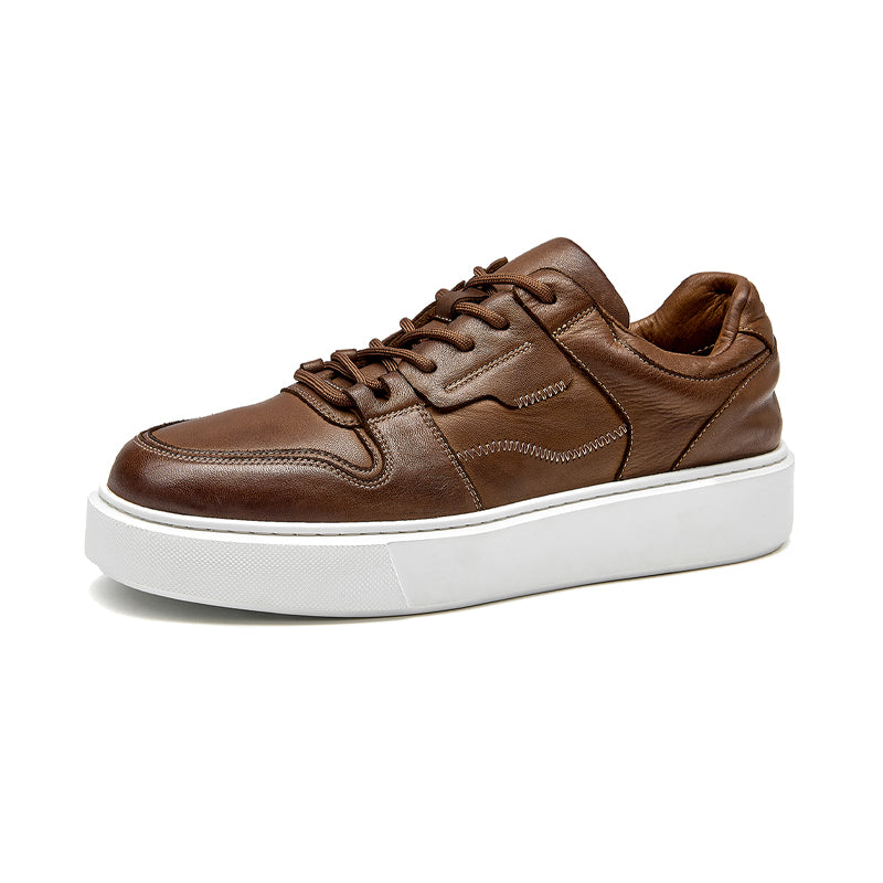 BeauToday Men's Genuine Leather Fashion Casual Sneakers Brown