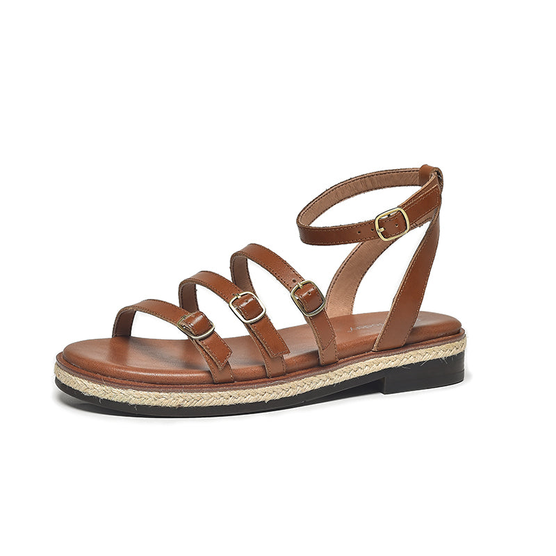BeauToday Casual Leather Three Strap Sandals with Buckle Decor for Women