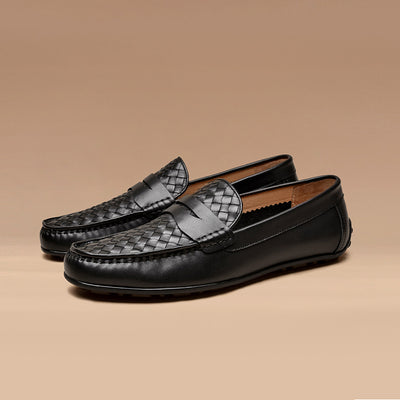 BeauToday Men's Cow Leather Woven Penny Loafers