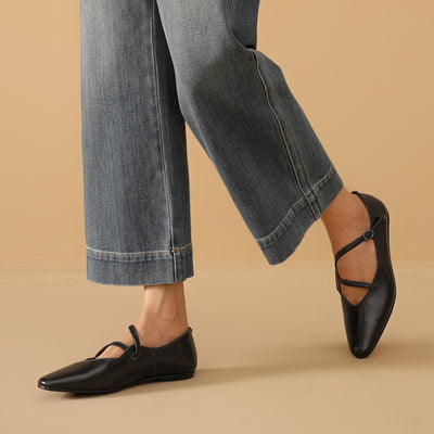 BeauToday Horsehide Pointed Toe Mary Janes Flats with Strappy Design for Women