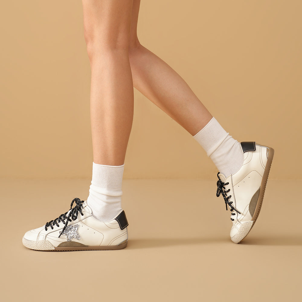 BeauToday Women's Neutral Retro Sneakers with Star Design