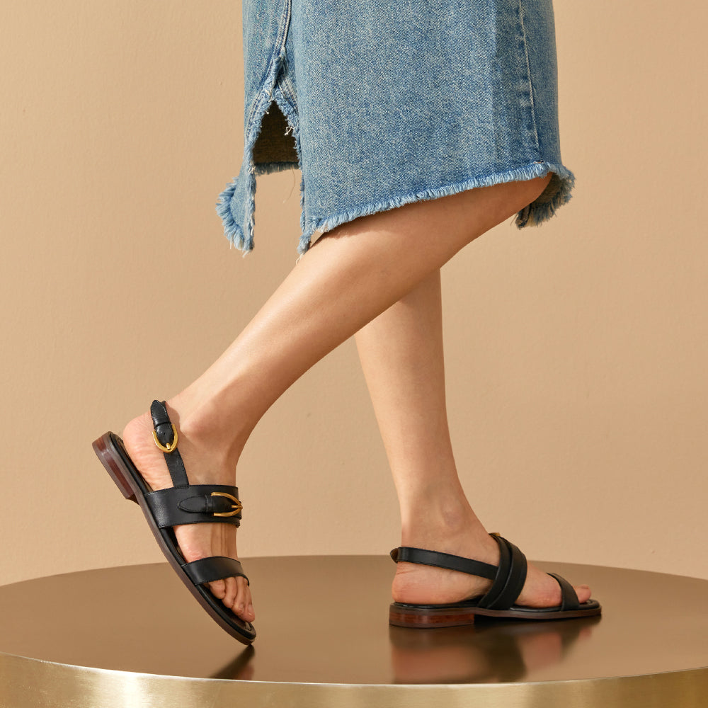 BeauToday Casual Buckle Leather Flat Sandals with Roud Design for Women