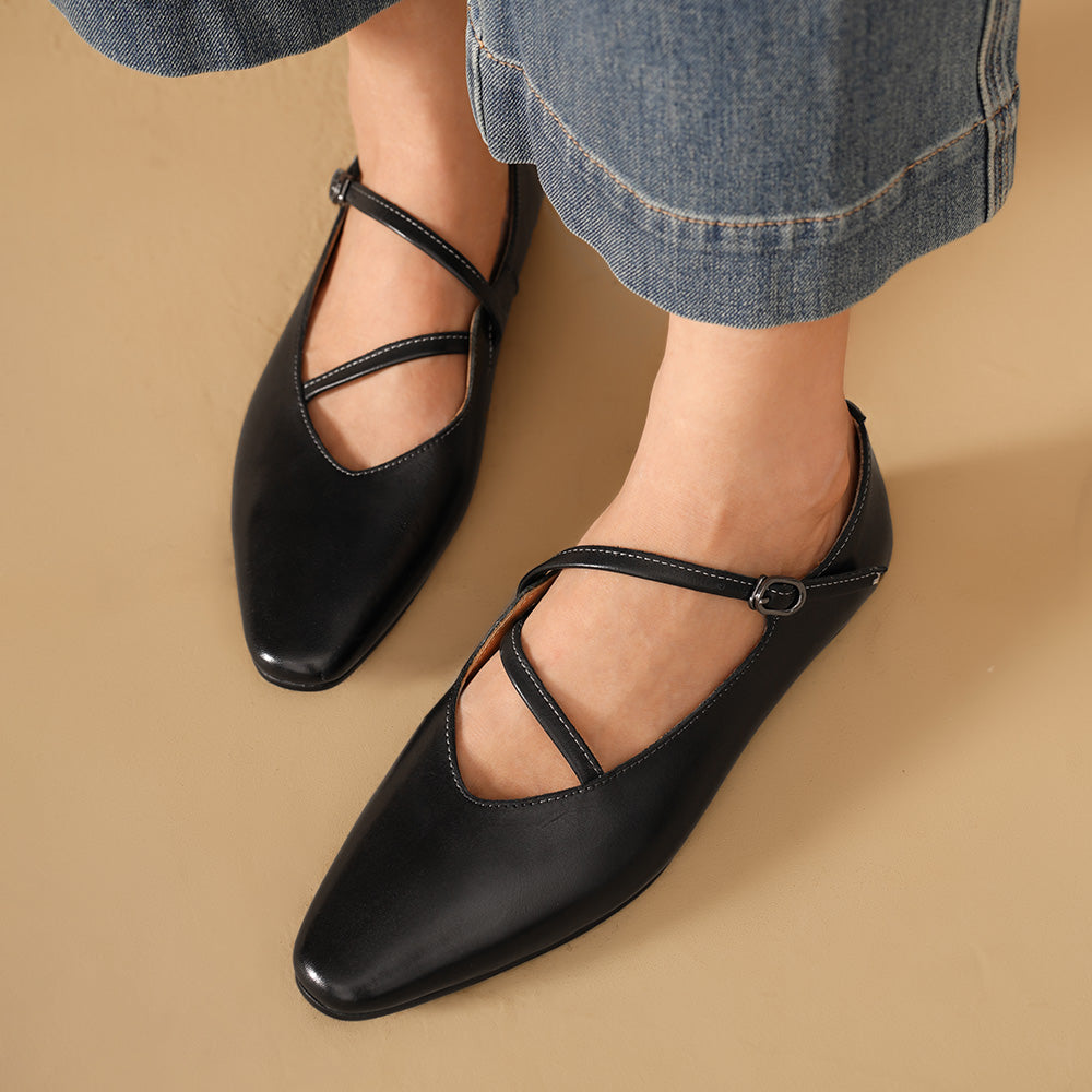 BeauToday Horsehide Pointed Toe Mary Janes Flats with Strappy Design for Women
