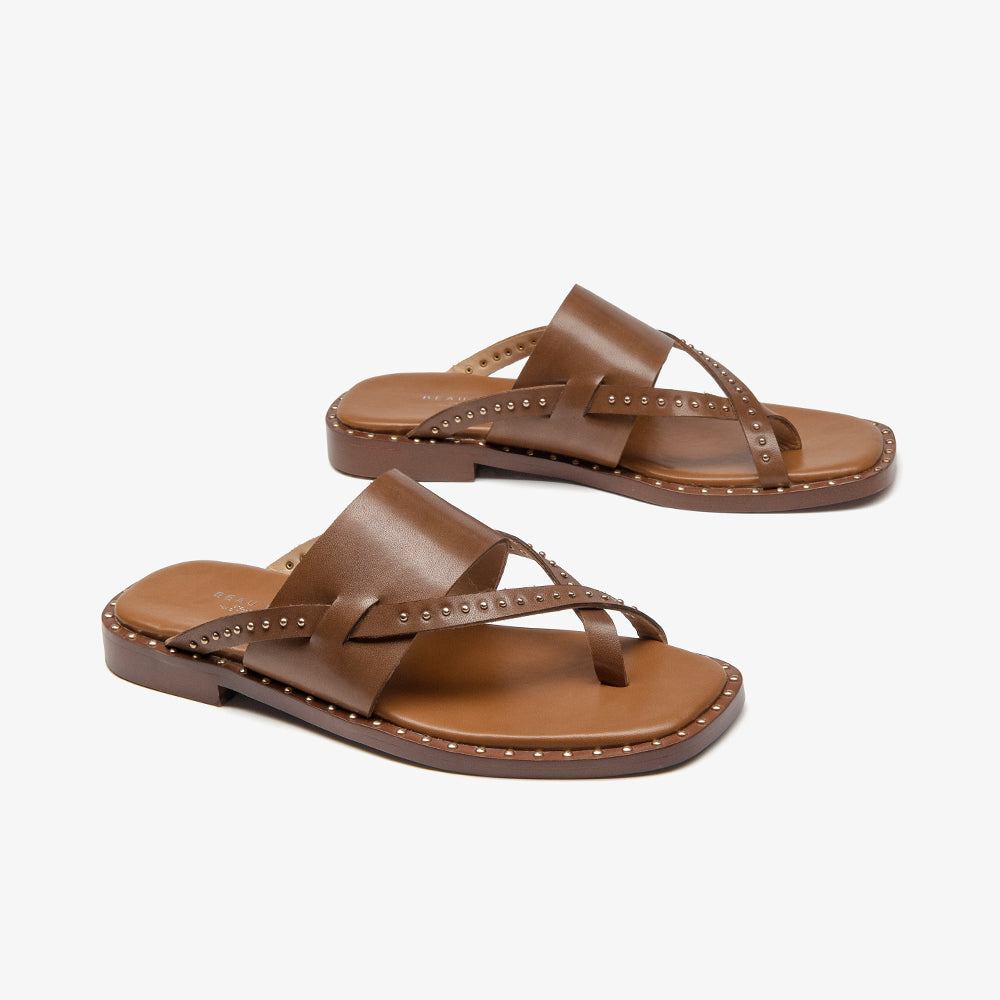 BeauToday Women's Leather Flip Flop Sandals Casual Flat Toe Post Slides for Vacation