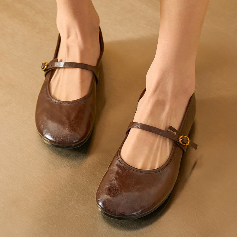 BeauToday Round Toe Womens Soft Leather Mary Janes Flat with Adjustable Metal Buckle, Brown / US 7/7.5 BeauToday Round Toe Womens Soft Leather Mary Janes Flat with Adjustable Metal Buckle, Brown / US 7/7.5