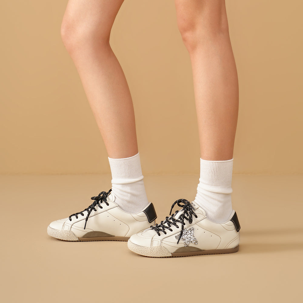 BeauToday Women's Neutral Retro Sneakers with Star Design