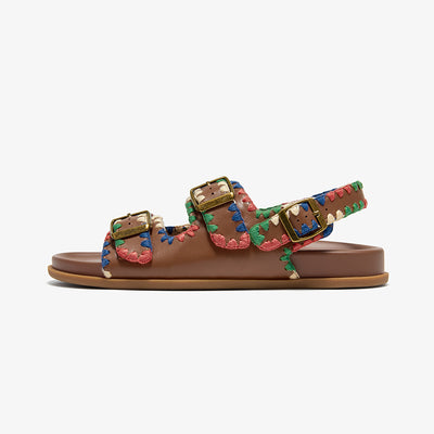 Beau Today Women's Leather Sandals with Handmade Embroidered Crochet sandals