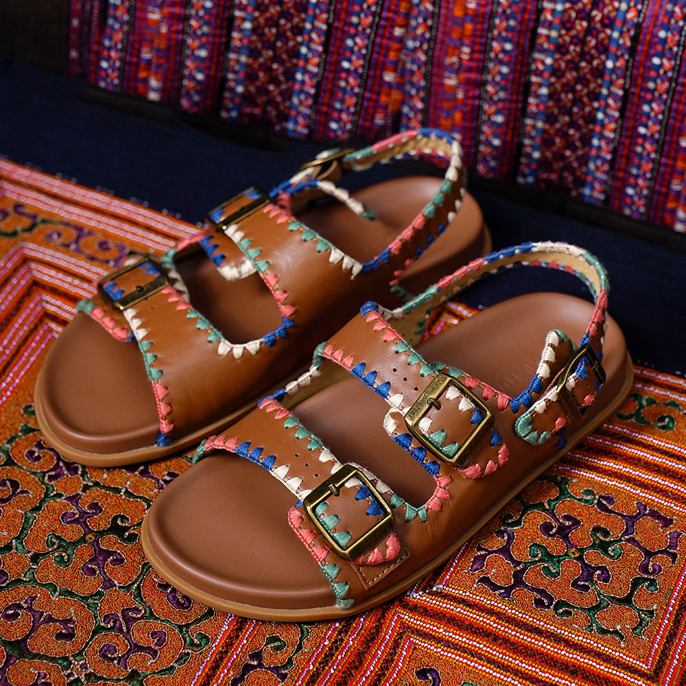 Beau Today Women's Leather Sandals with Handmade Embroidered Crochet sandals