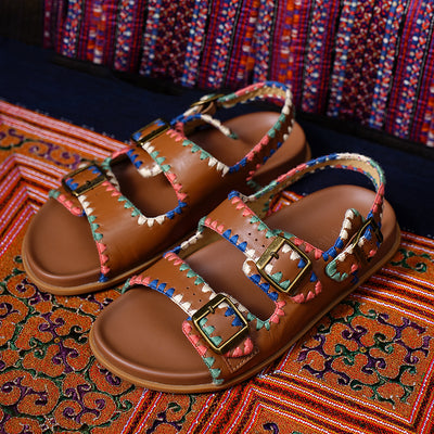 Beau Today Women's Leather Sandals with Handmade Embroidered Crochet sandals