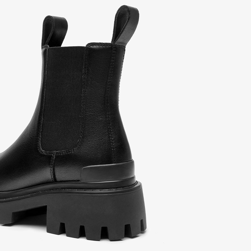 BeauToday Handmade Leather Lug Sole Chelseal Boot with Block Heel Retro Round Toe Ankle Booties Black