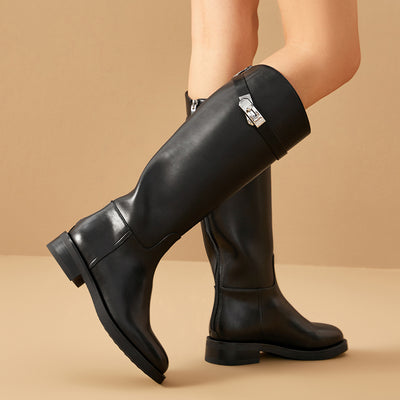 BeauToday Women's Cow Leather Knee High Boots with Side Buckle Design