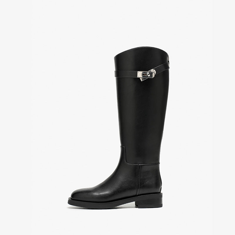 BeauToday Women's Cow Leather Knee High Boots with Side Buckle Design