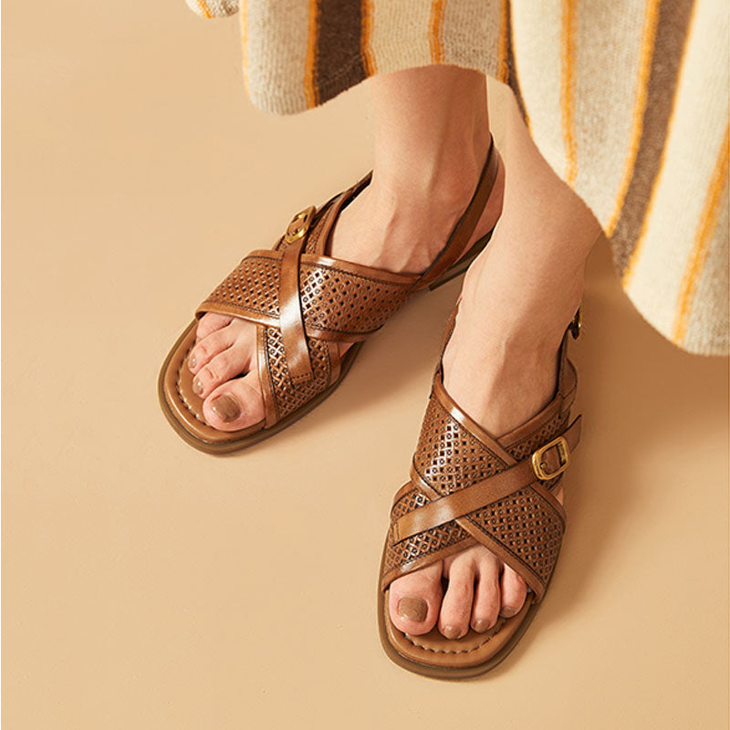 BeauToday Crossed-over Calfskin Woven Flat Sandals for Women