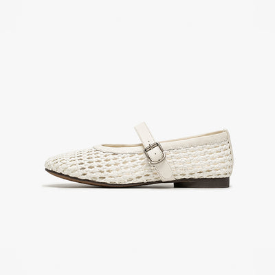 BeauToday Women's Leather Woven Hollow Mary Jane Flats with Buckle Design