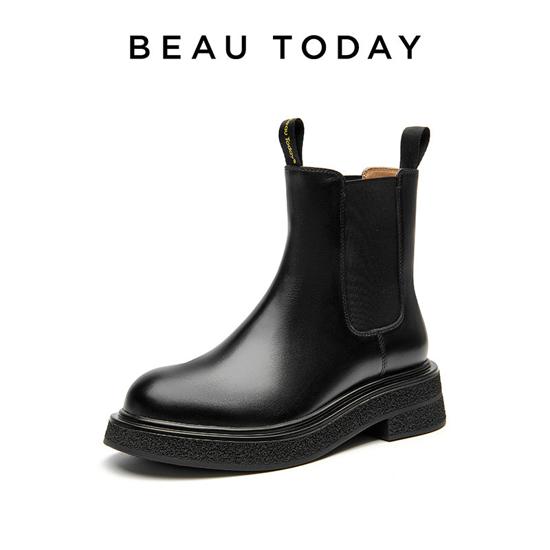 BeauToday Cow Leather Round Toe Chelsea Boots Ankle Bootie For Women