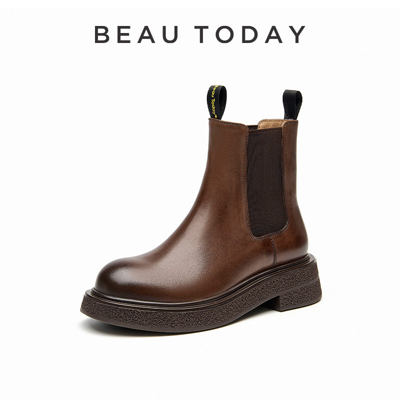 BeauToday Cow Leather Round Toe Chelsea Boots Ankle Bootie For Women