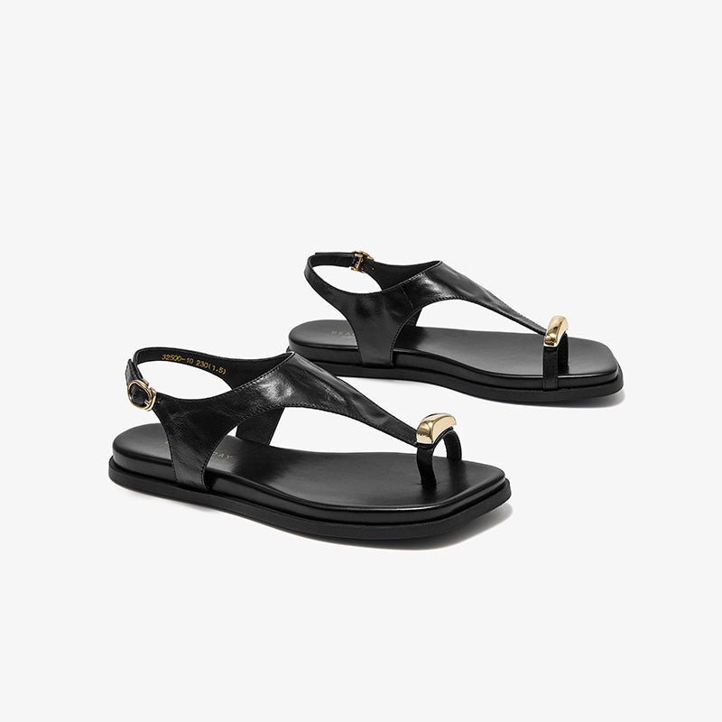 BeauToday Women's Genuine Leather Flat Sandals with Clip Metallic Toe Ring