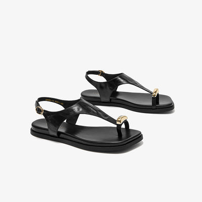 BeauToday Women's Genuine Leather Flat Sandals with Clip Metallic Toe Ring