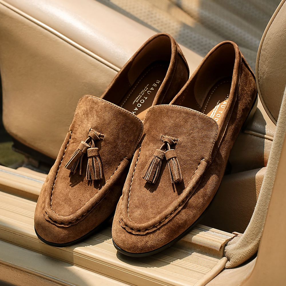 BeauToday Vintage Sheep Suede Slip On Flat Loafer with Tassel Design for Women