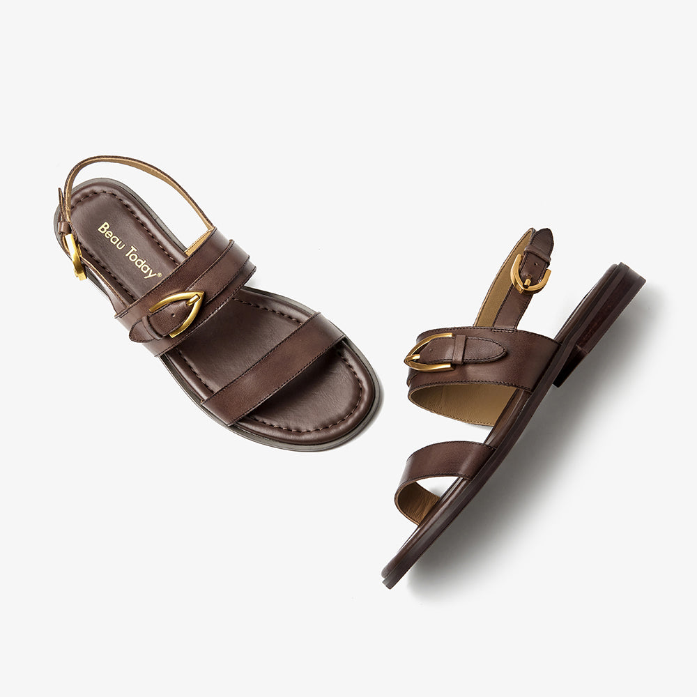 BeauToday Casual Buckle Leather Flat Sandals with Roud Design for Women