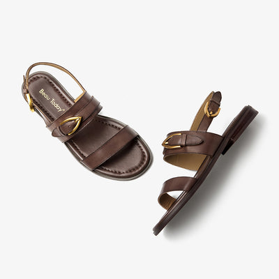 BeauToday Casual Buckle Leather Flat Sandals with Roud Design for Women