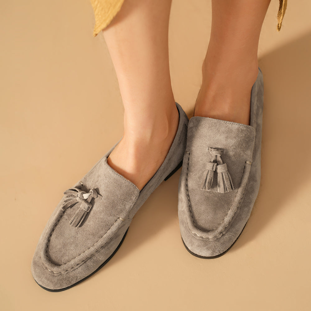 BeauToday Vintage Sheep Suede Slip On Flat Loafer with Tassel Design for Women