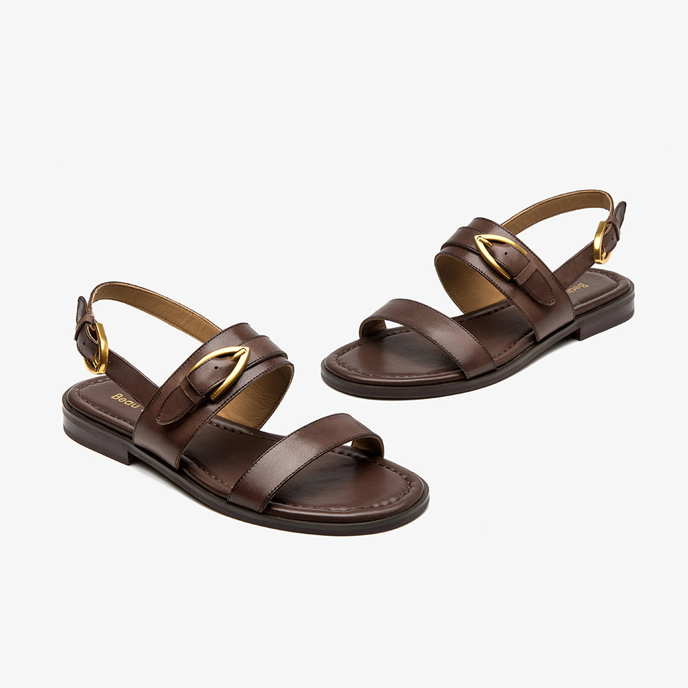 BeauToday Casual Buckle Leather Flat Sandals with Roud Design for Women