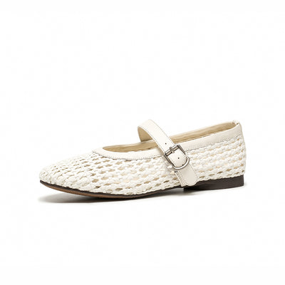 BeauToday Women's Leather Woven Hollow Mary Jane Flats with Buckle Design