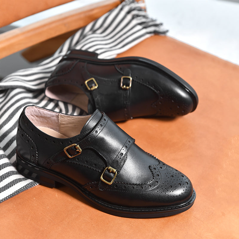 BeauToday Calfskin Oxford Monk Shoes for Women with Brogue Fretwork, Black / US 8