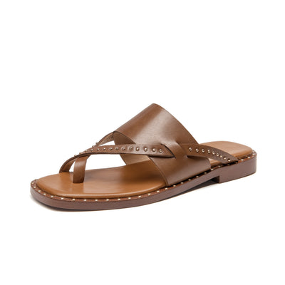 BeauToday Women's Leather Flip Flop Sandals Casual Flat Toe Post Slides for Vacation