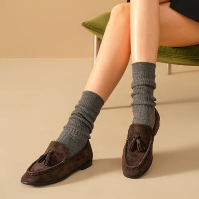 BeauToday Vintage Sheep Suede Slip On Flat Loafer with Tassel Design for Women