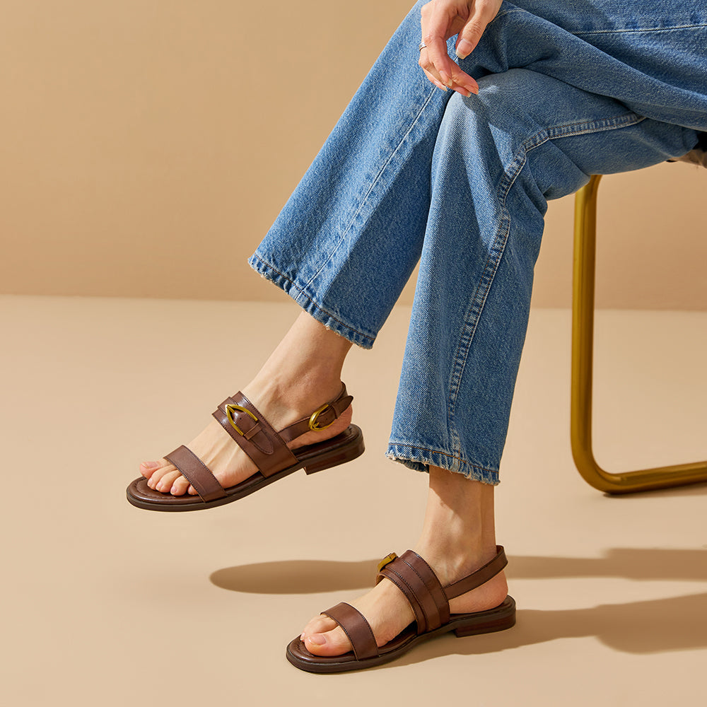 BeauToday Casual Buckle Leather Flat Sandals with Roud Design for Women