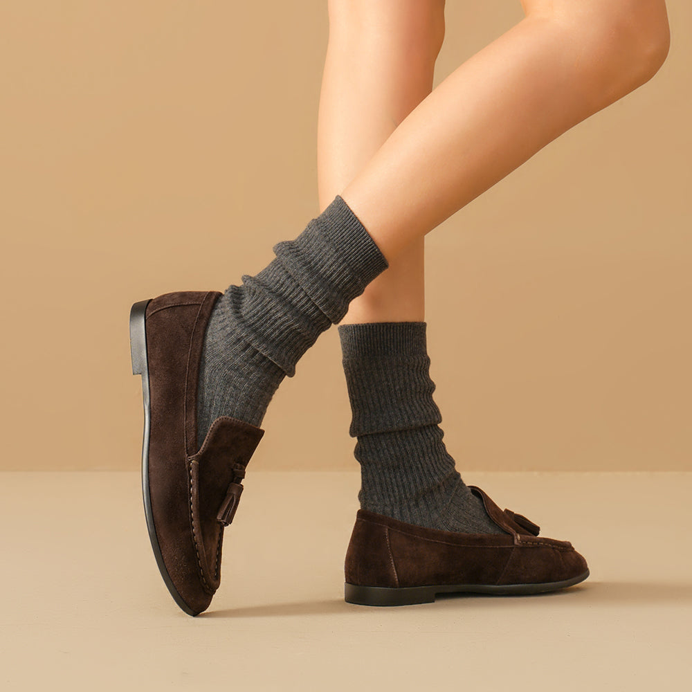 BeauToday Vintage Sheep Suede Slip On Flat Loafer with Tassel Design for Women