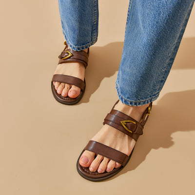 BeauToday Casual Buckle Leather Flat Sandals with Roud Design for Women