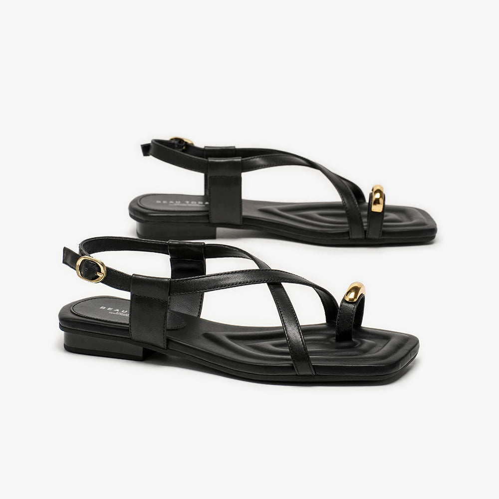BeauToday Metallic Toe Strap Leather Sandals with Designed Square Toe for Women
