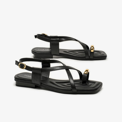 BeauToday Metallic Toe Strap Leather Sandals with Designed Square Toe for Women