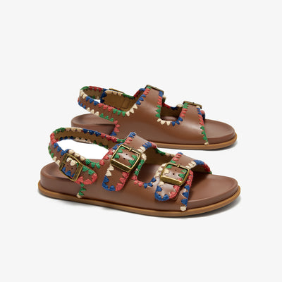 Beau Today Women's Leather Sandals with Handmade Embroidered Crochet sandals