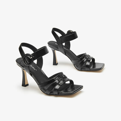 BeauToday Cow Leather Pumps Heeled Strap Sandals with Square Toe