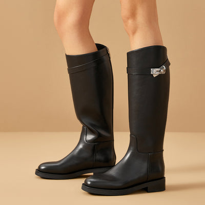 BeauToday Women's Cow Leather Knee High Boots with Side Buckle Design